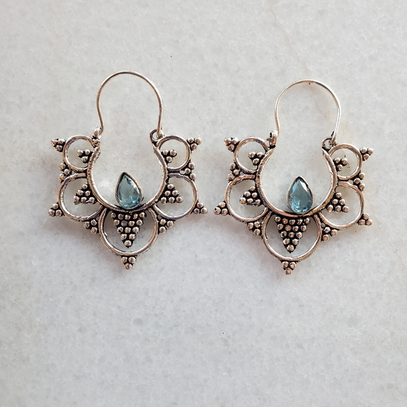 New Round Boho Gypsy Style Blue Quartz Silver Earrings. - Picture 4 of 10
